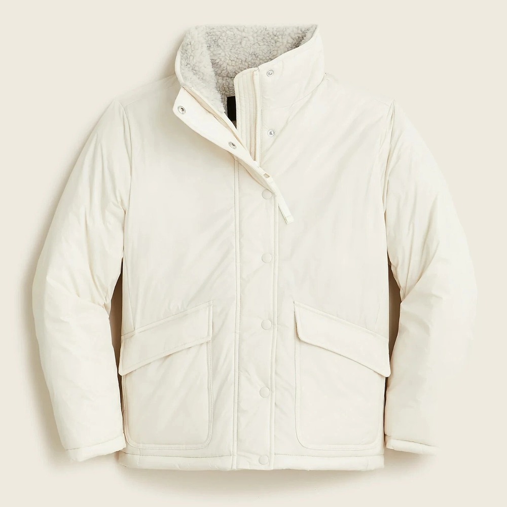 J.Crew XS Womens Sherpa Lined Puffer Jacket White Coat Primaloft $248 Cropped - Picture 3 of 11